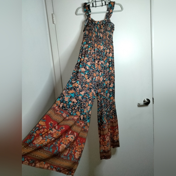NATURAL LIFE Pants - Natural Life (Size M) Multicolor Floral Smock Bodice Wide-Leg Bohemian Jumpsuit